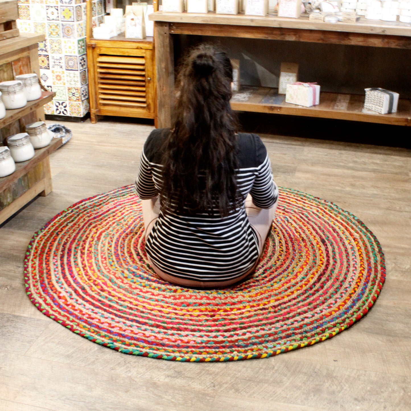 Round Jute and Recycle Denim Rug - 150 cm