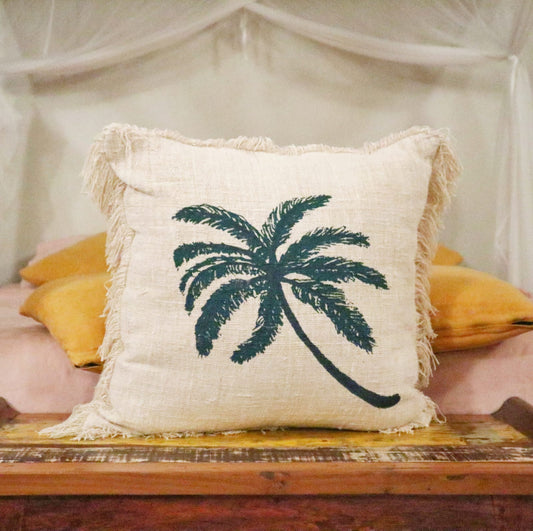 Linen Cushion cover Palm Tree with Fringe