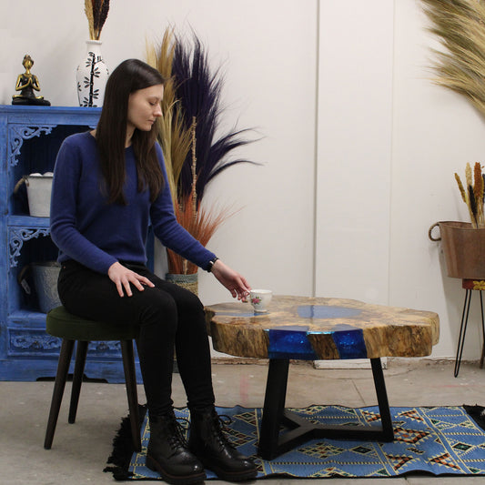 Blue Resin Coffee Table – Tamarind Wood & Natural Sky-Toned Resin