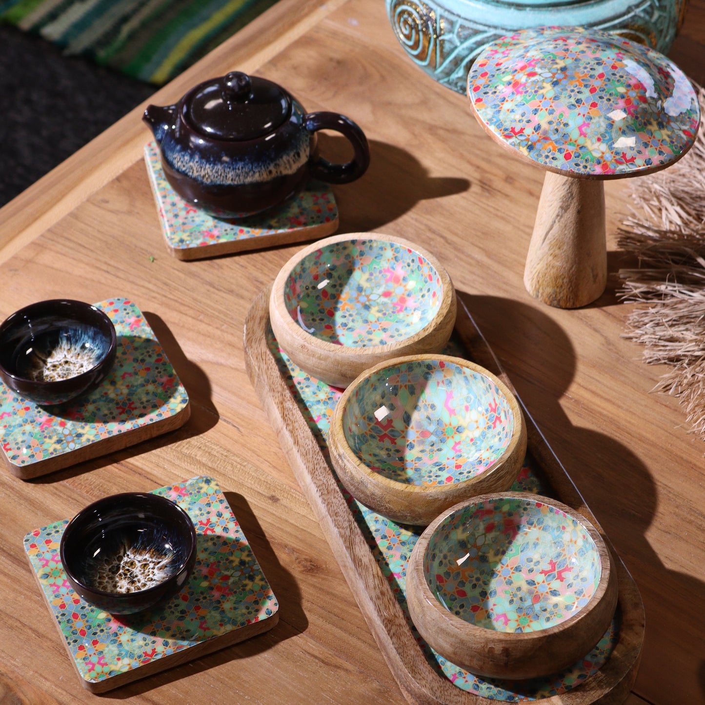 Mango Wood Tray with 3 Bowls - serving tray