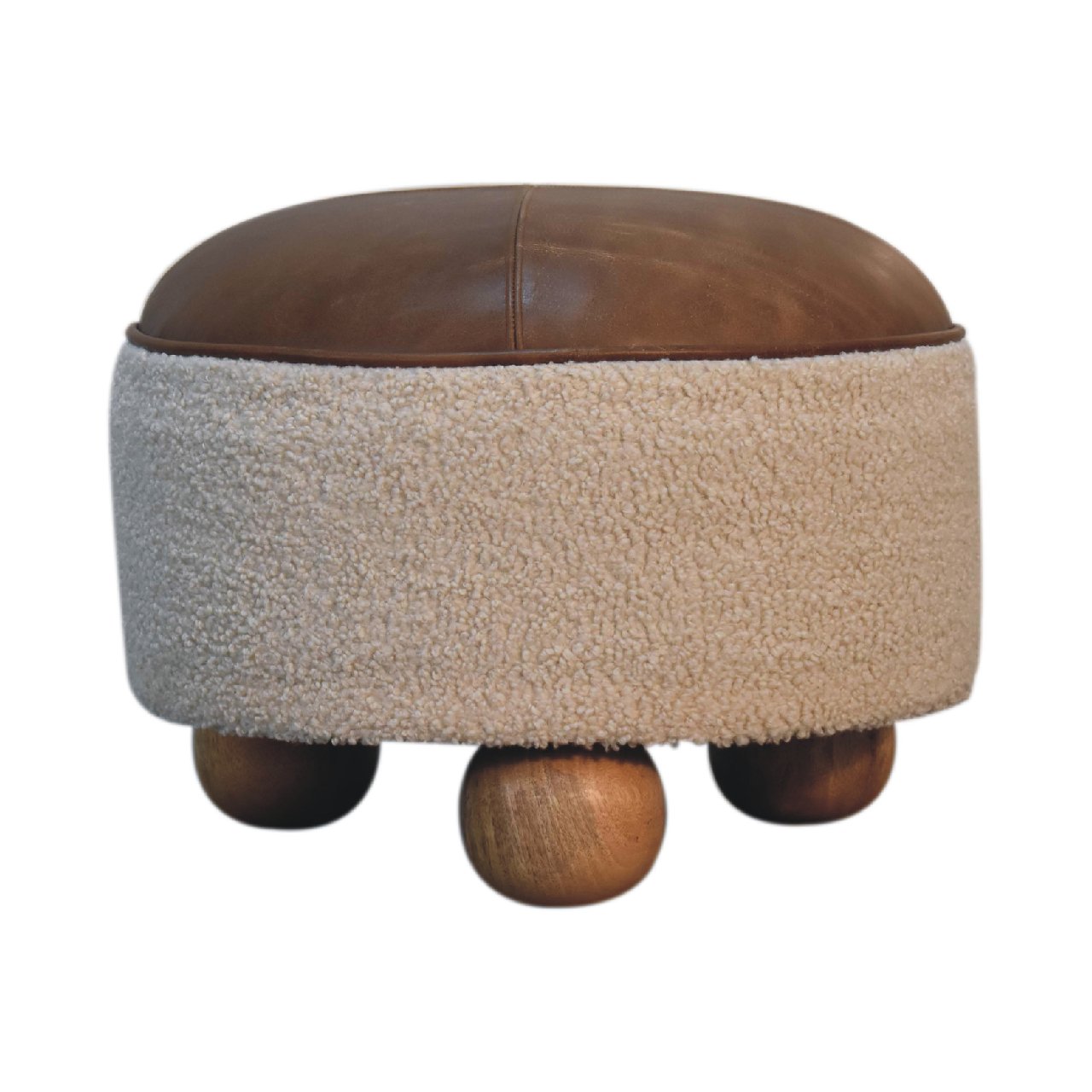 Cream Boucle & Buffalo Leather Footstool