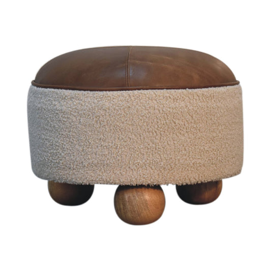 Cream Boucle & Buffalo Leather Footstool