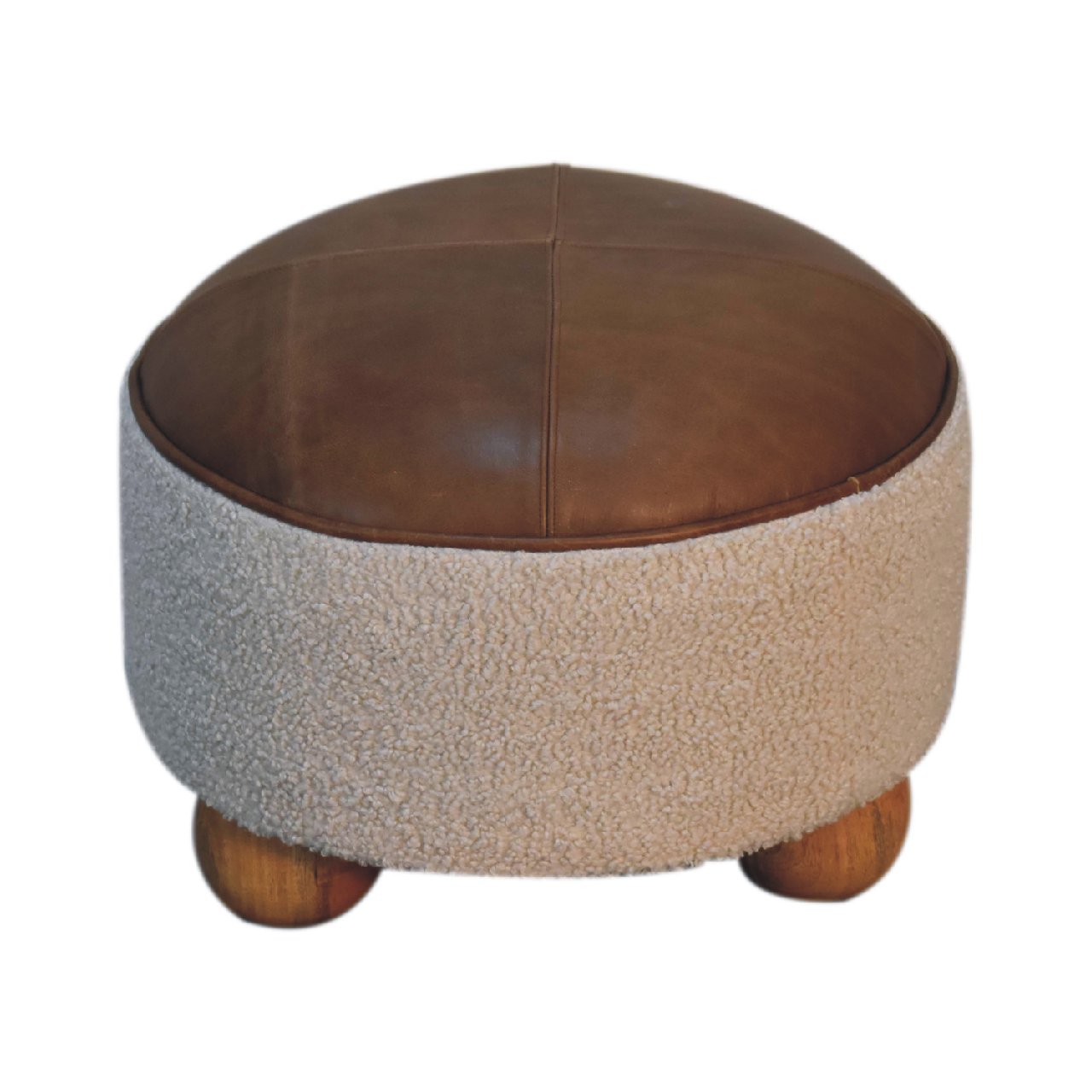 Cream Boucle & Buffalo Leather Footstool
