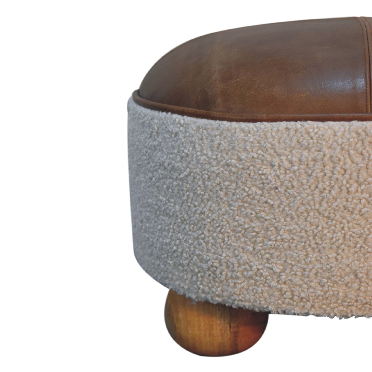 Cream Boucle & Buffalo Leather Footstool