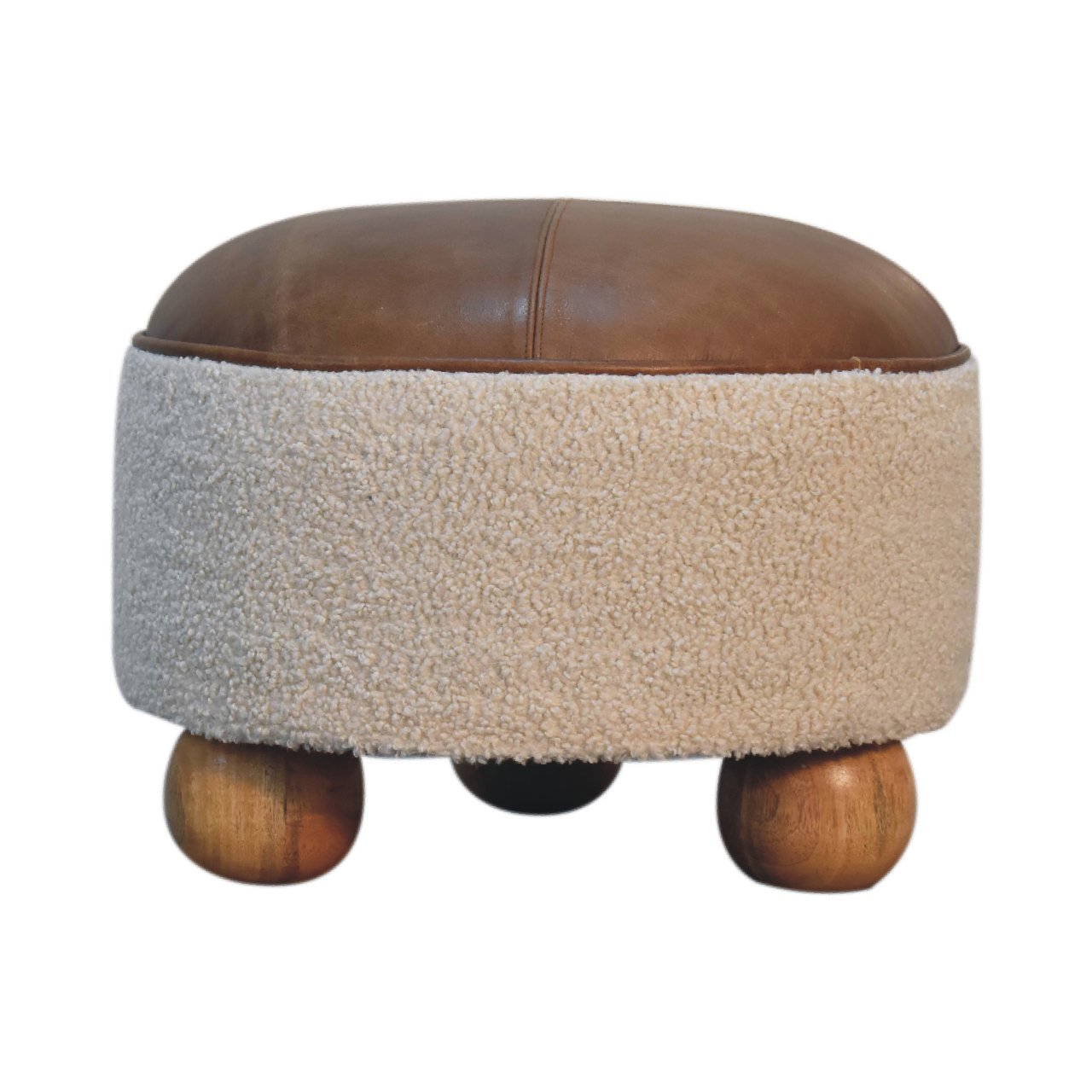 Cream Boucle & Buffalo Leather Footstool