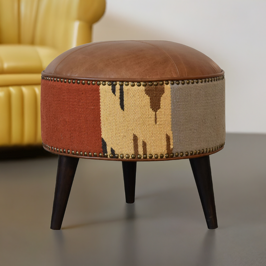 Durrie & Leather Mixed Footstool