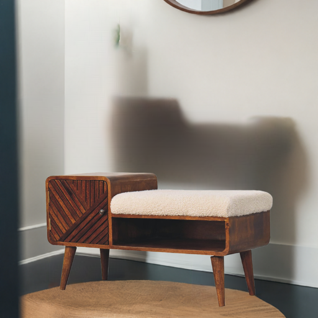 Boucle Carved Chestnut Telephone Table Entryway Bench