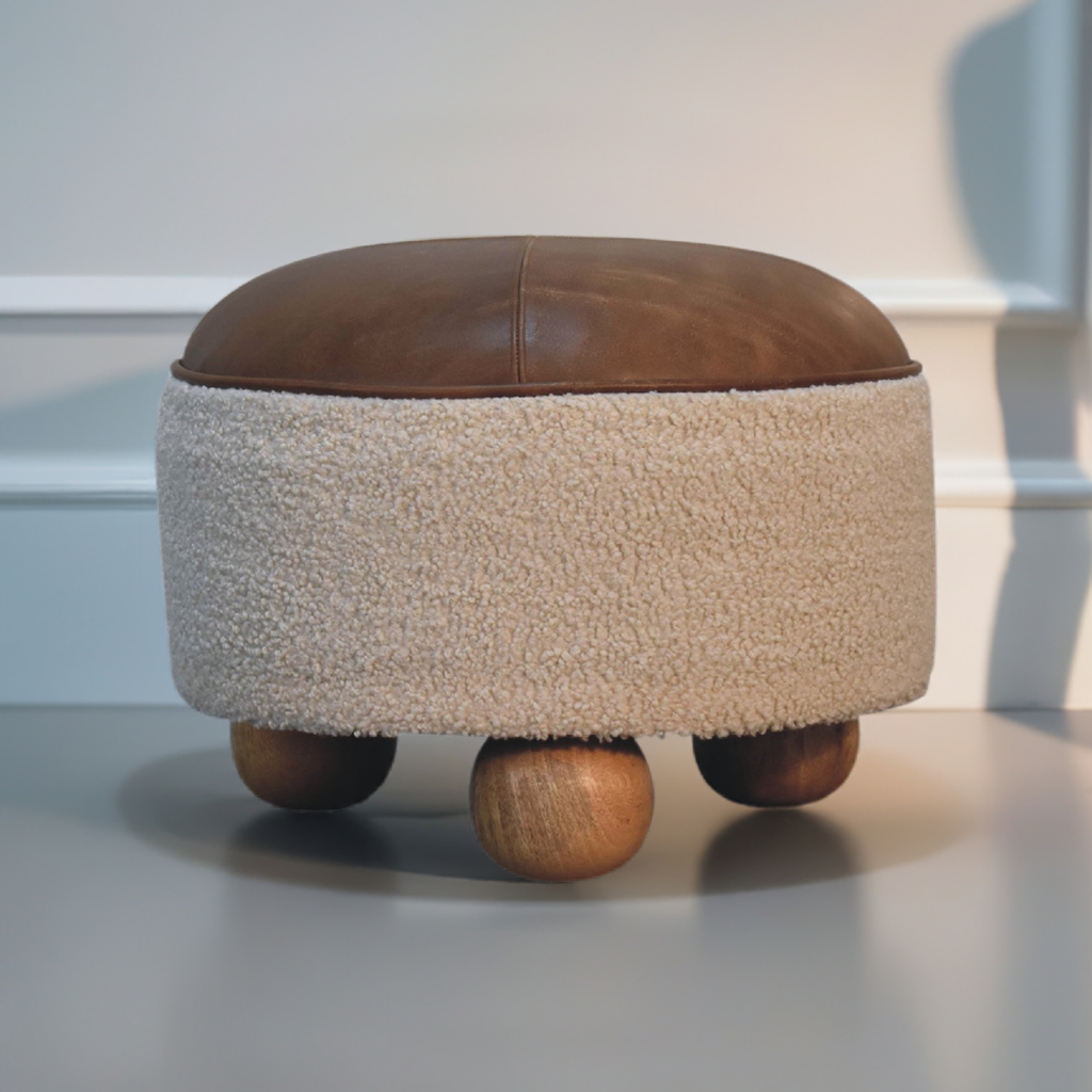 Cream Boucle & Buffalo Leather Footstool