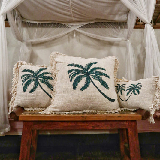 Linen Cushion cover Palm Tree with Fringe
