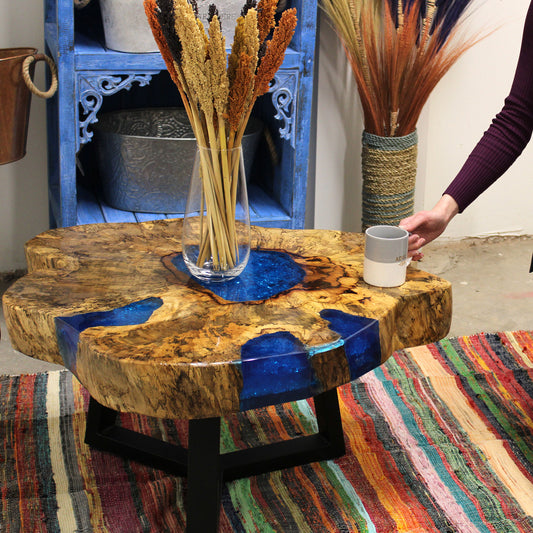 Blue Resin Coffee Table – Tamarind Wood & Natural Sky-Toned Resin