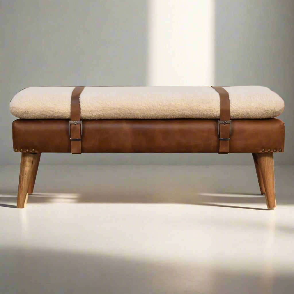 Bouclé Buffalo Hide Leather Bench