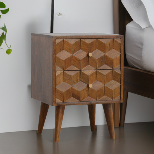 Chestnut Cube Carved Bedside Table Night Stand
